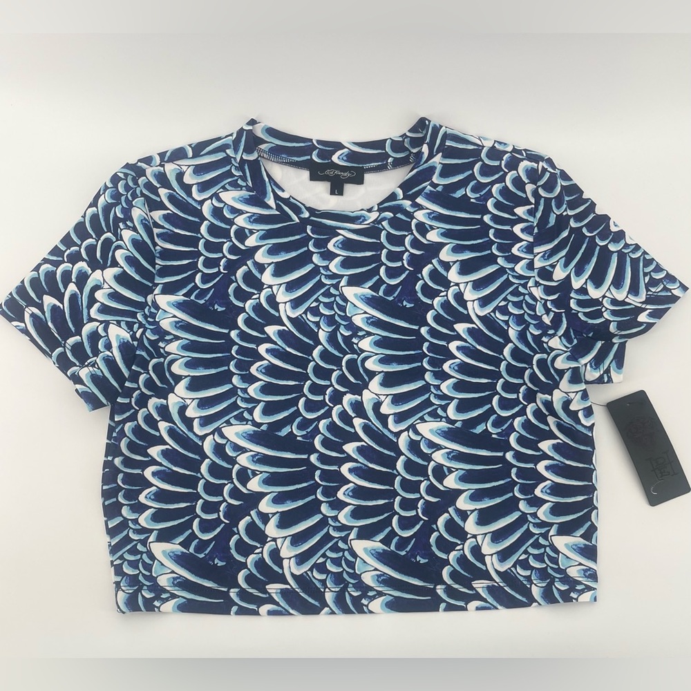 NWT Ed Hardy Feather Print Crop Top Women's Size Large Blue White